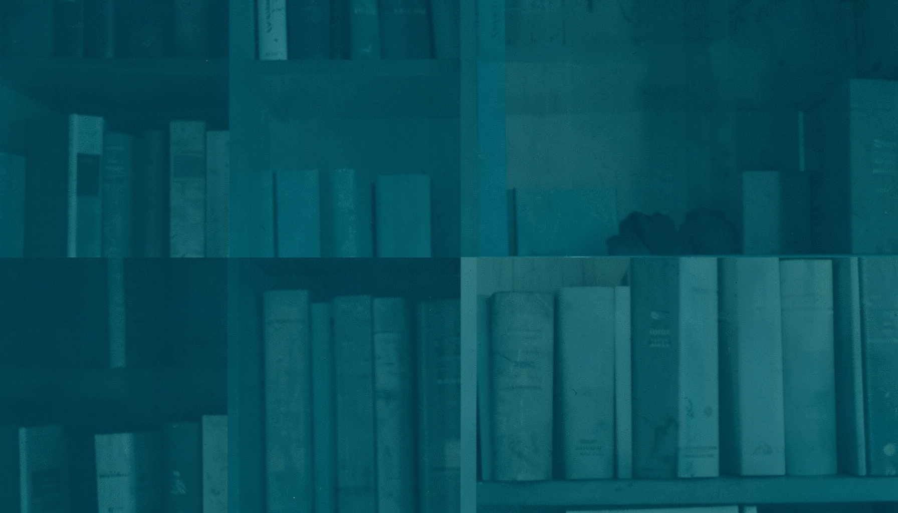 Two-tone duotone strip in deep teal and pale cream evoking a quiet archive shelf, no text or people visible.
