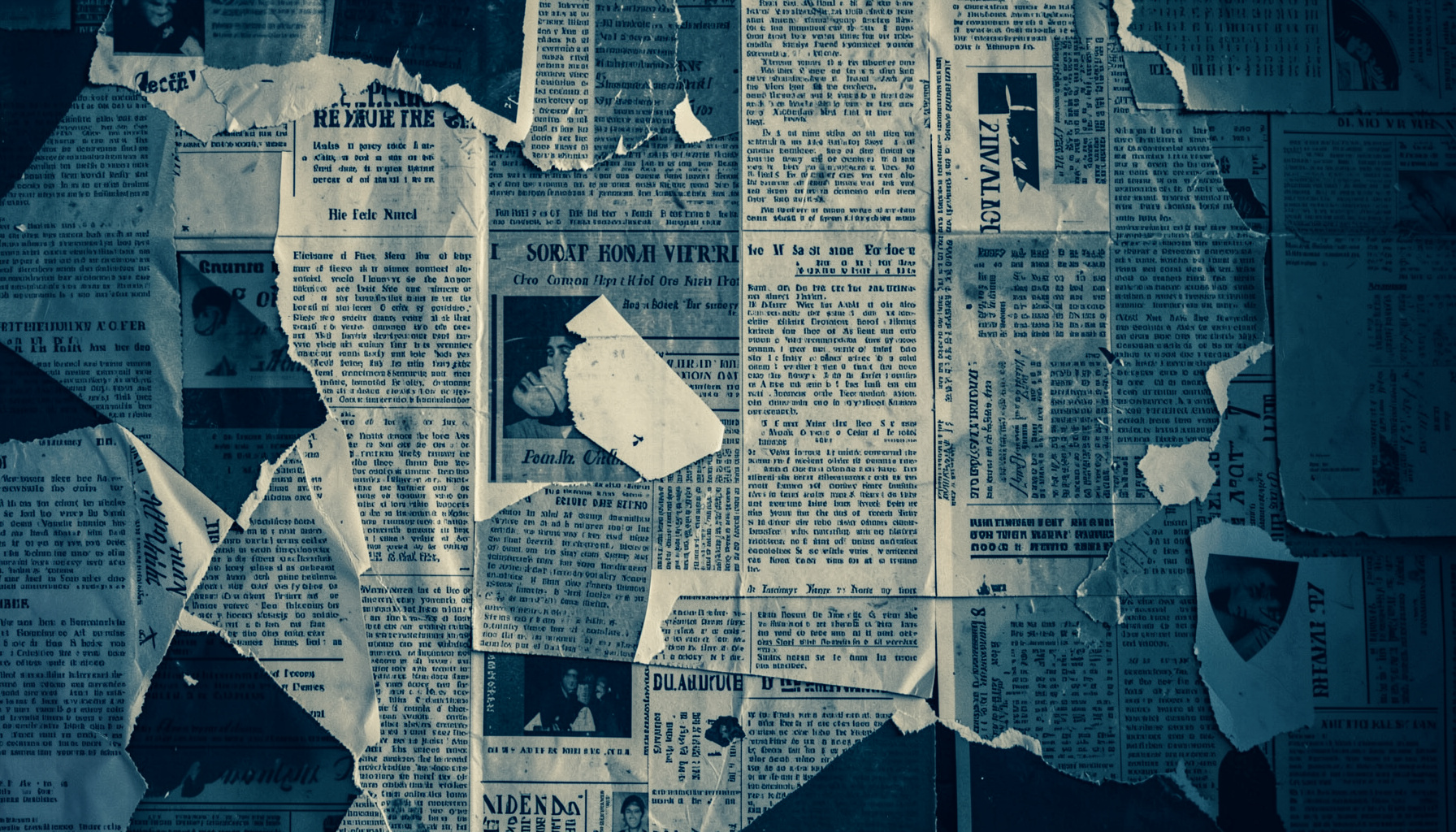 Two-tone dark teal and slate abstract archive of layered newspaper clippings rendered as a hard duotone, conveying historical depth in deep navy and warm cream tones.
