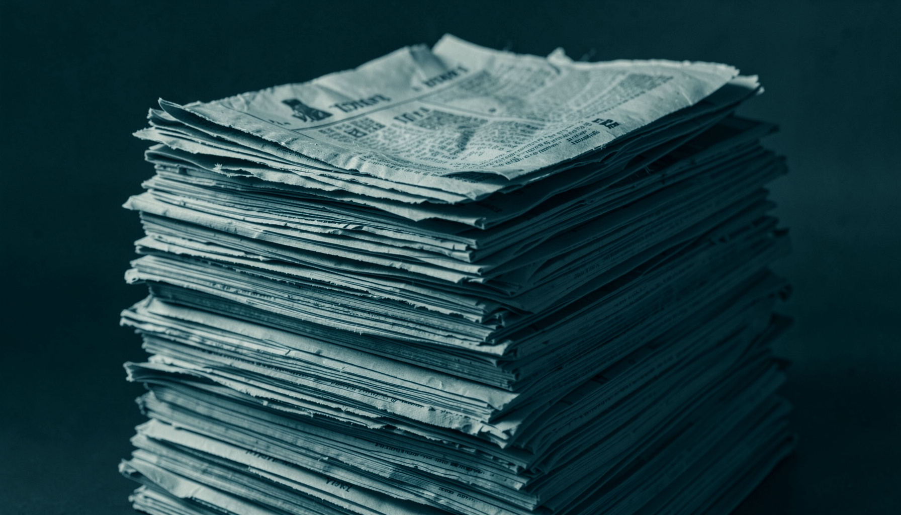 A tall stack of weathered newspapers rendered in deep teal and pale sand duotone, lit from one side, conveying a calm archival mood