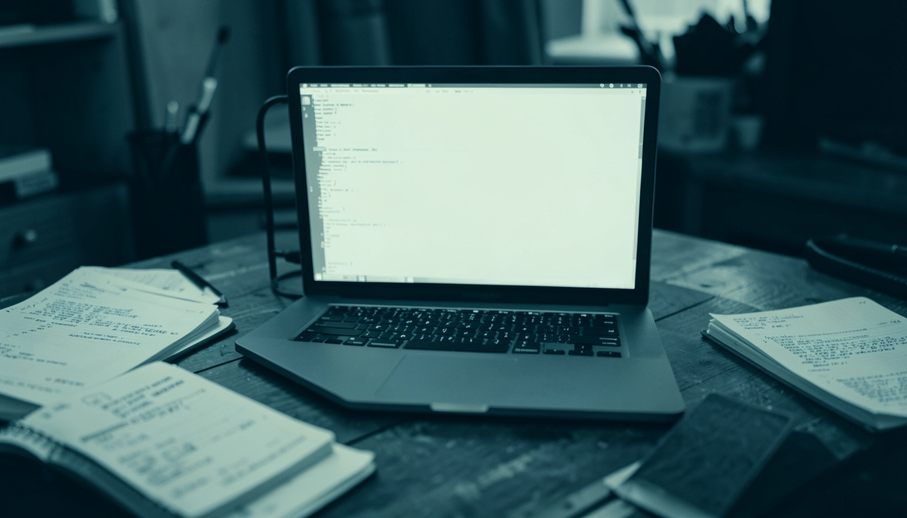 A duotone photograph rendered in deep teal and soft off-white, showing a softly glowing laptop screen on a wooden desk surrounded by scattered code notebooks, evoking a quiet late-night workshop atmosphere