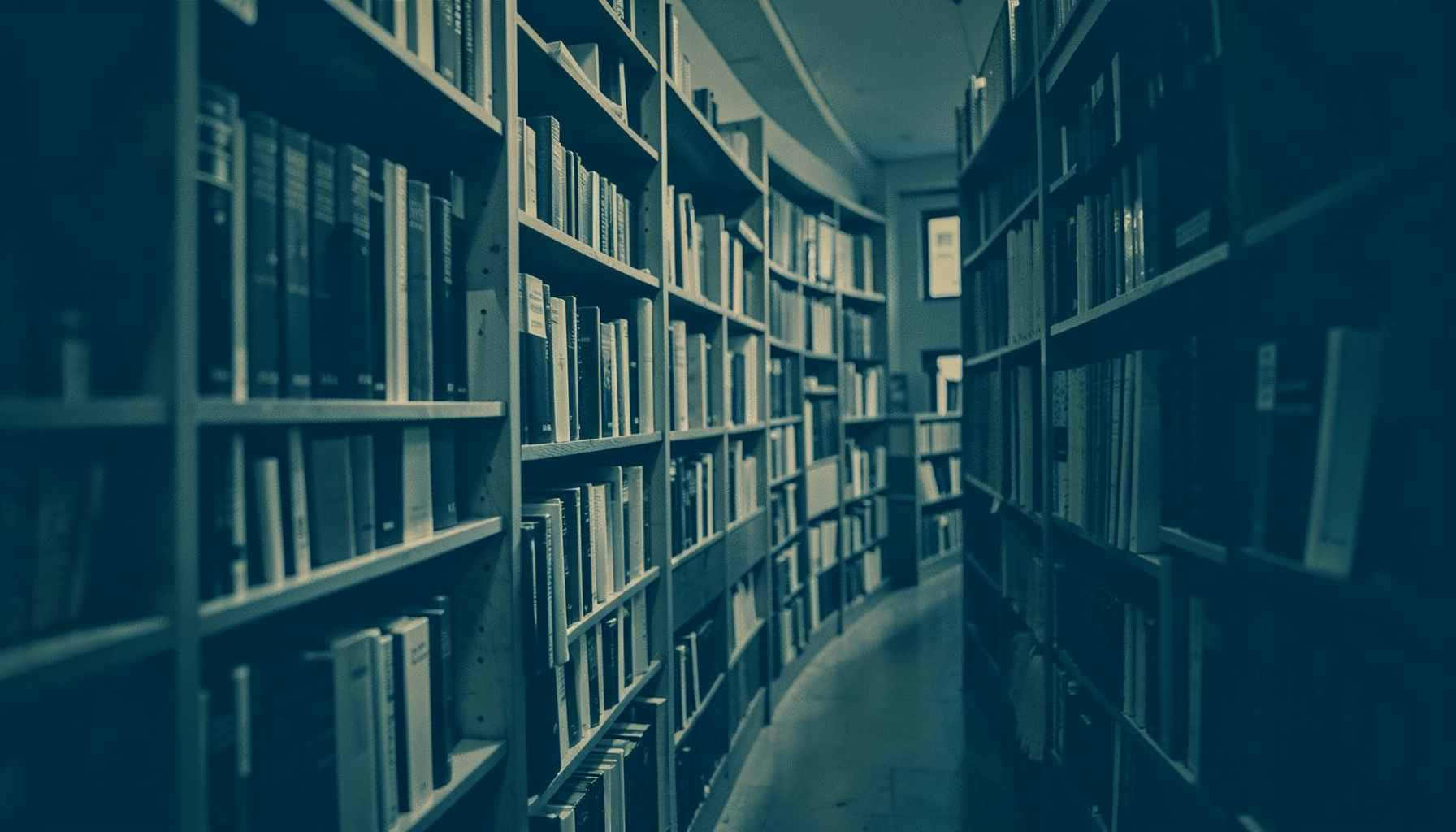 Two-tone duotone photograph of stacked library bookshelves receding into shadow, deep teal and warm cream tones, quiet and reflective mood