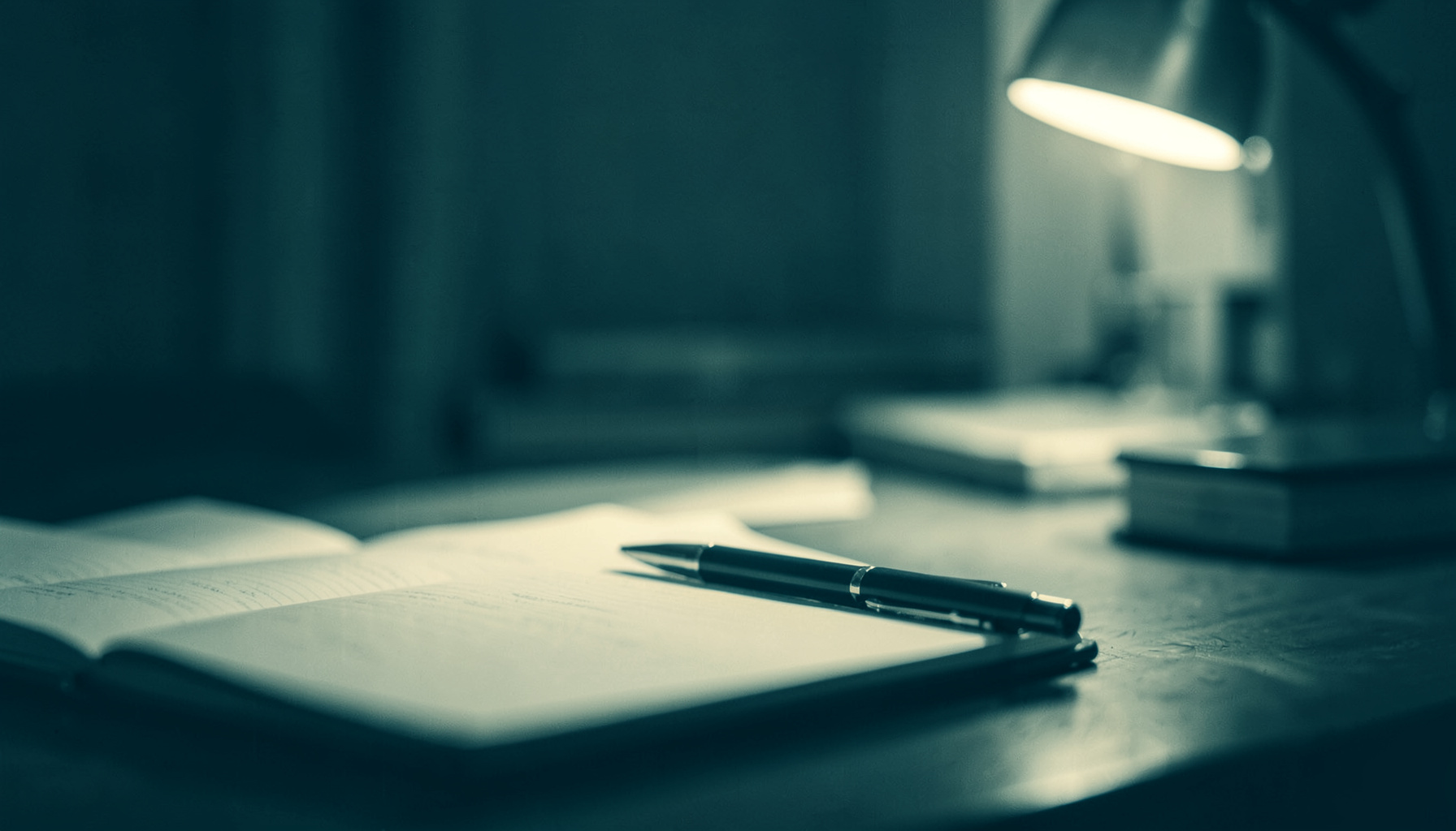 A duotone photograph in deep teal and cream showing a soft-focus desktop with stacked open notebooks, a pen resting on a page, and a warm reading lamp casting a calm, studious mood.